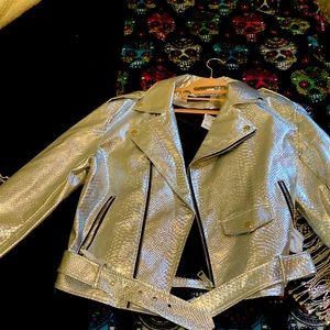 Sensational Silver Faux Leather Croc Moto Jacket